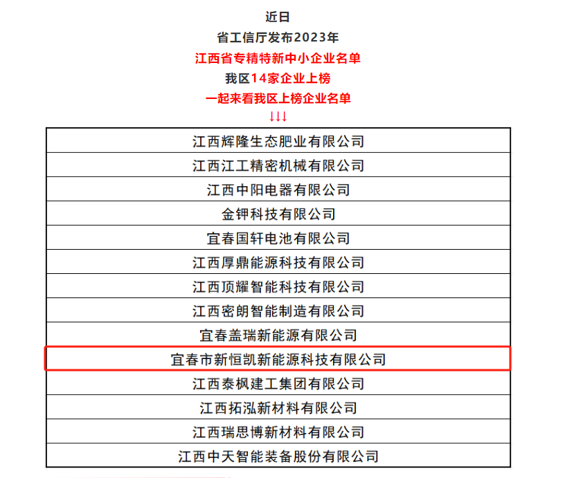 宜春市新恒凱新能源科技有限公司獲評(píng)：江西省專精特新中小企業(yè)